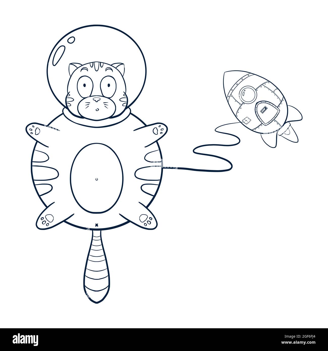 Line Art Cat Astronaut Flying with Rocket Illustration. Funny cosmic animal sketch for logo, kids graphic tees, prints, stickers, coloring book and nursery decor Stock Vector