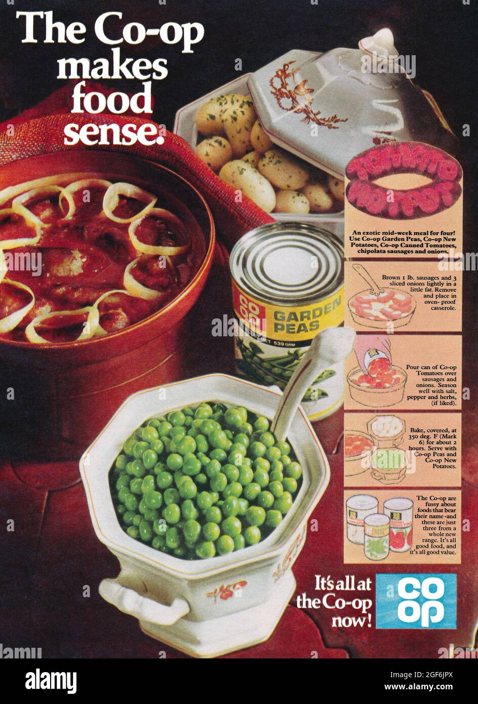1968 British advertisement for the Co-Op, featuring tinned garden peas and a recipe for tomato hotpot. Stock Photo