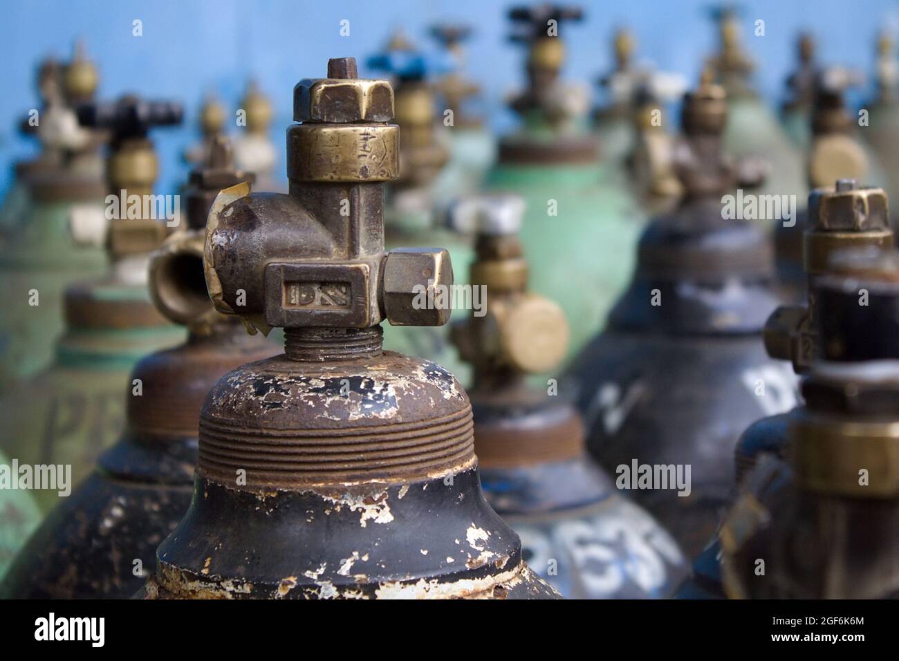 Valves of pressurized gas cylinders Stock Photo Alamy