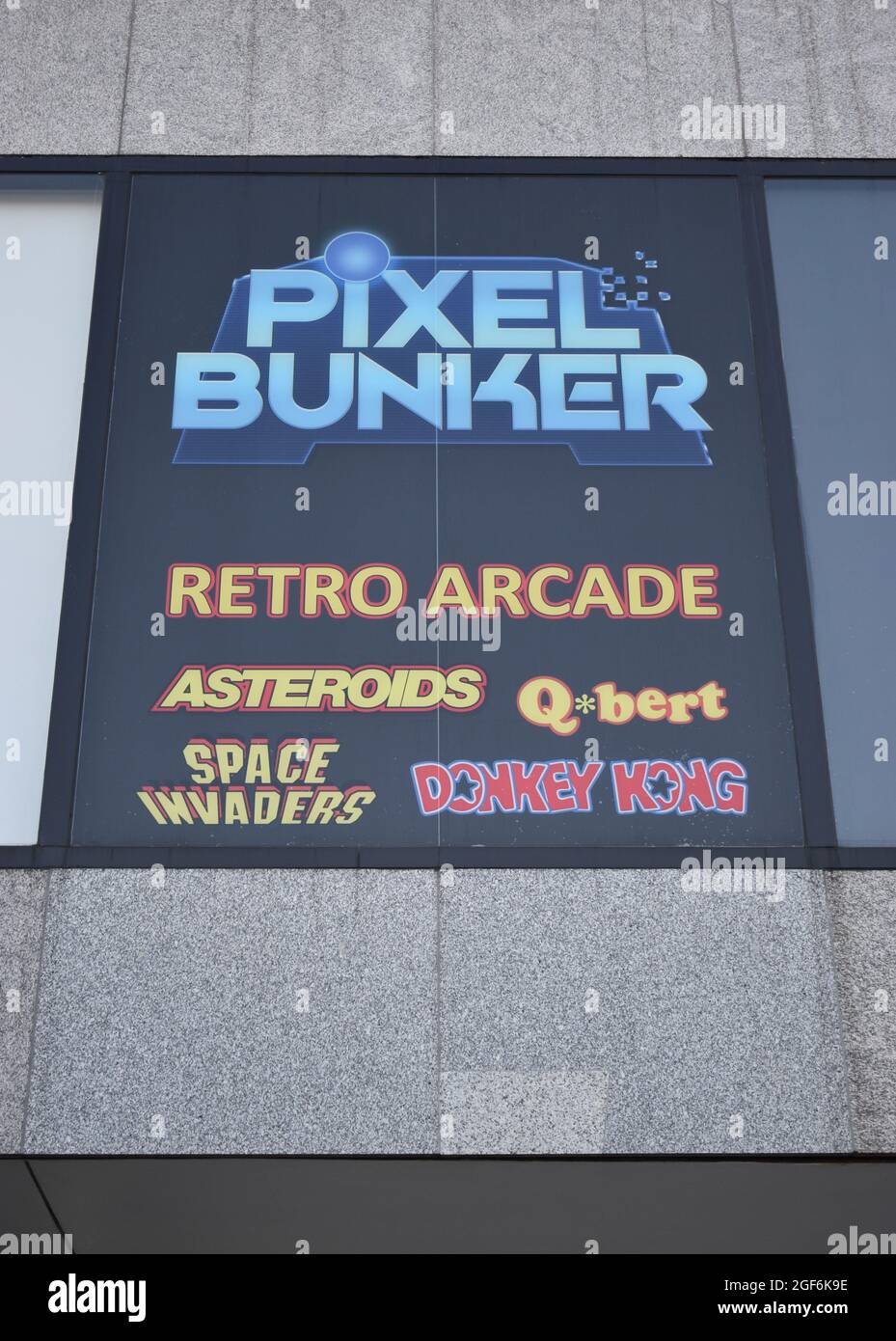 The Pixel Bunker is a retro video game arcade in Central Milton Keynes. Stock Photo