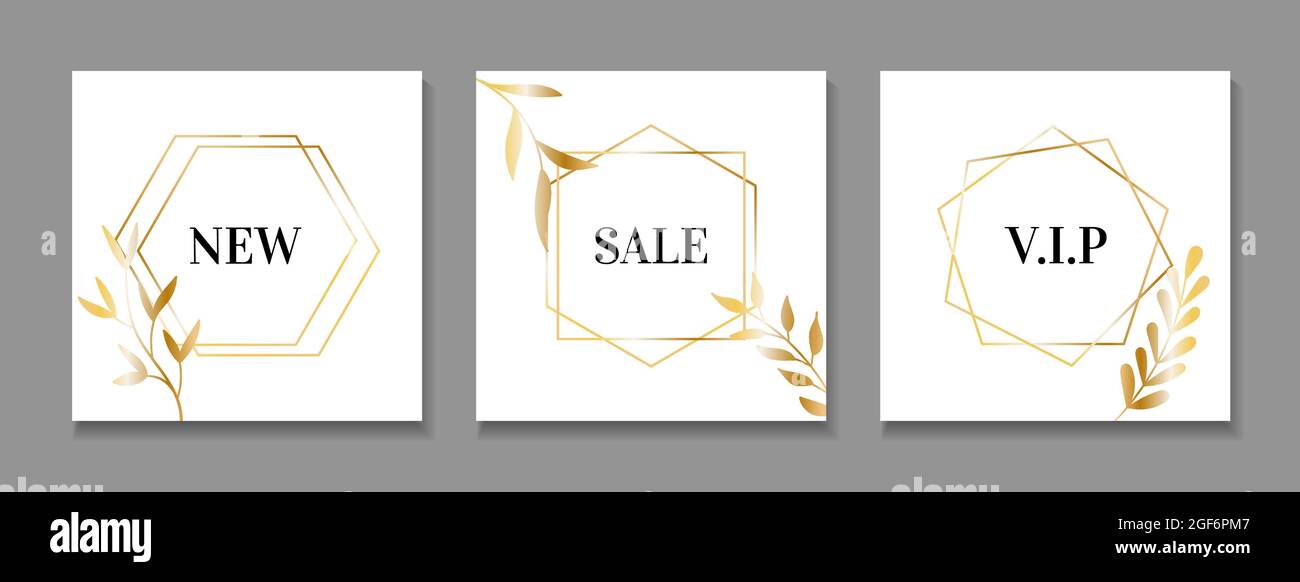 Vector backgrounds for social media posts with golden frames and leaves. Premium design templates for instagram Stock Vector