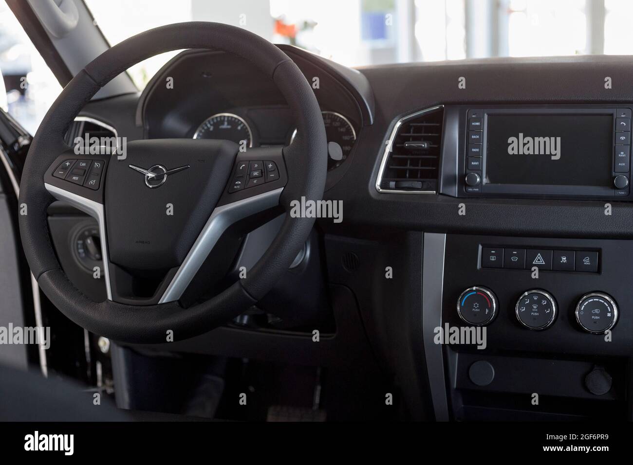 Russia, Izhevsk - August 20, 2021: UAZ showroom. Interior of new modern UAZ Patriot car with automatic transmission. Sollers automotive group. Stock Photo