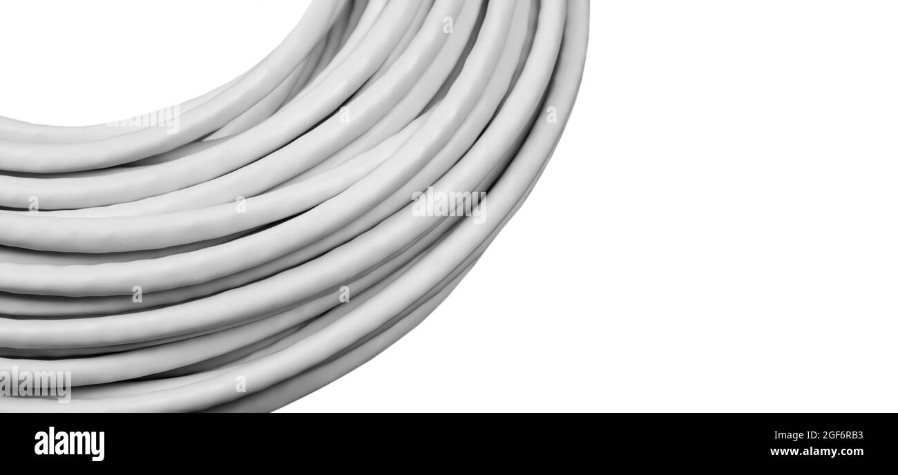 Internet data cable isolated on white background. Internet communication concept. Network internet cable isolated over white with clipping path. Ether Stock Photo