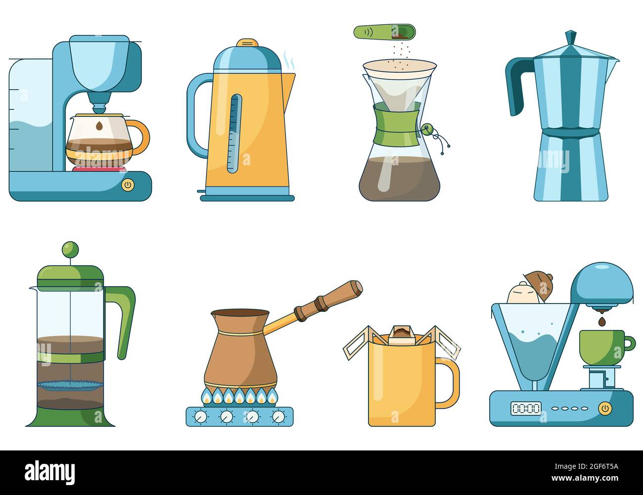 Set of different brewing methods of coffee jugs mugs and kettles electrical coffee machine Stock Vector