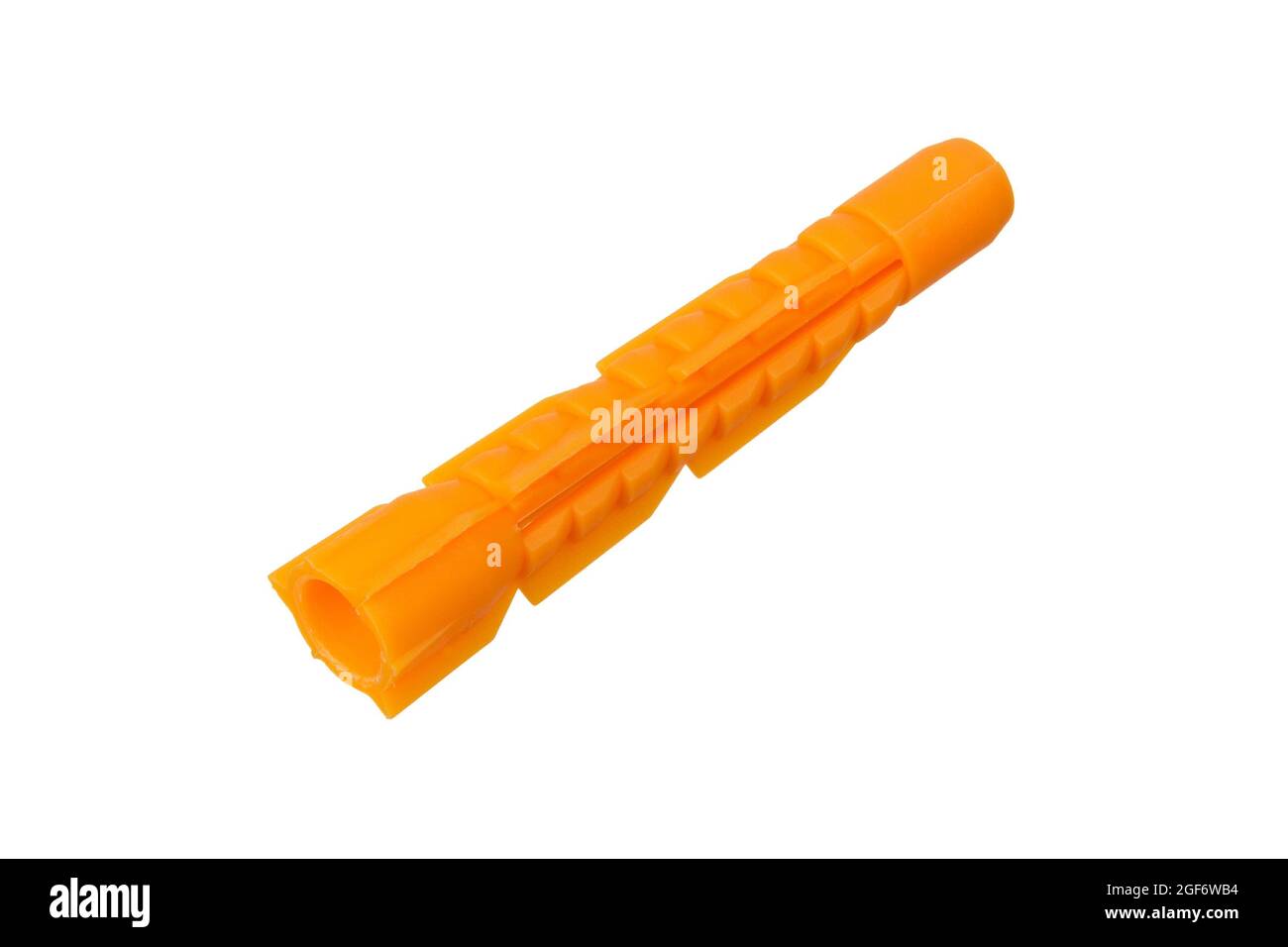Closeup orange plastic dowel for construction works isolated on white background Stock Photo