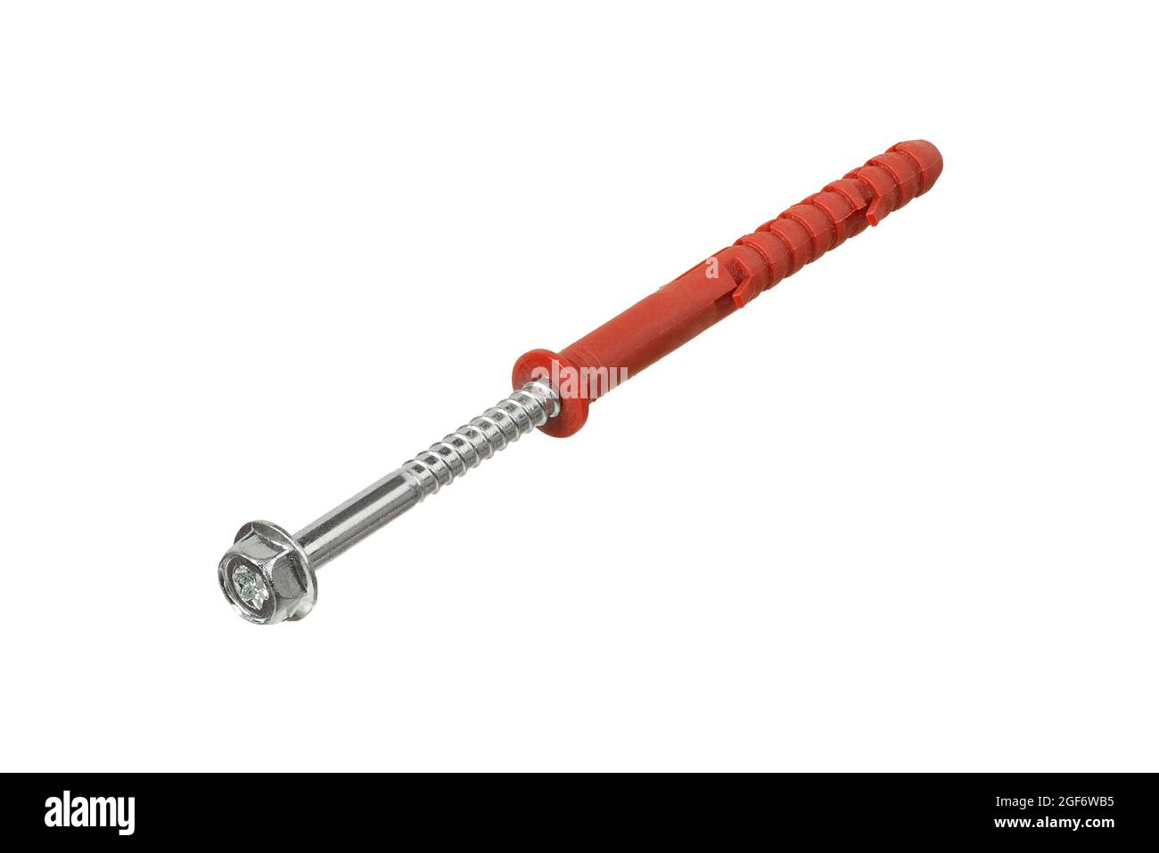 Long metal nail with red plastic dowel for construction works isolated on white background Stock Photo