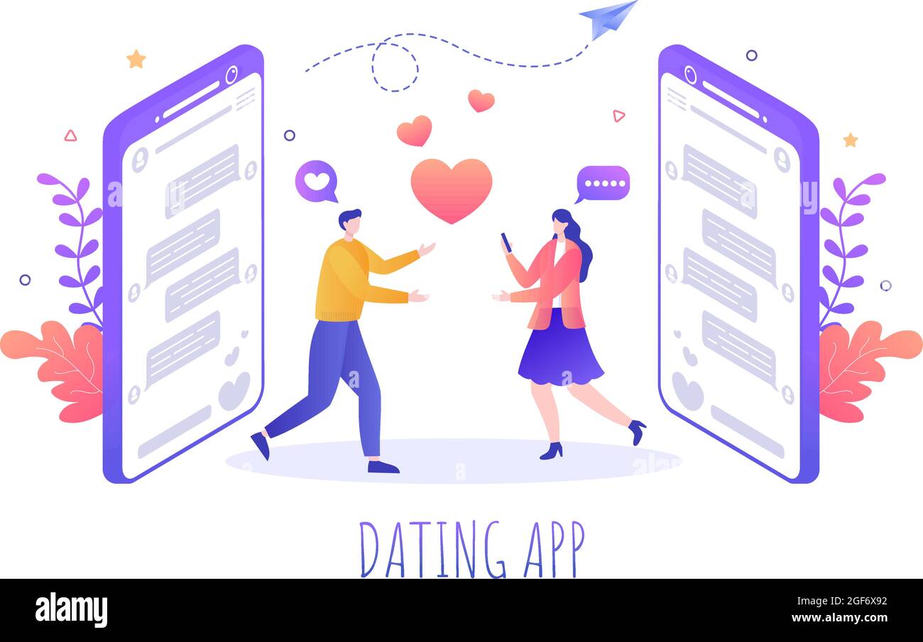 Dating App For a Couple With Male and Female in Smartphone If Match Become Love or Relationships. Background Flat Design Vector Illustration Stock Vector