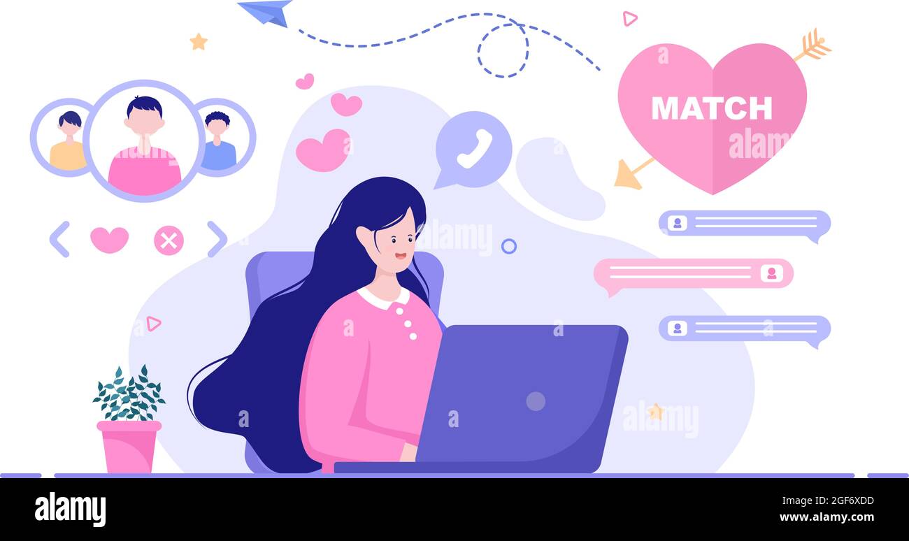 Dating App For a Couple With Male and Female in Smartphone If Match Become Love or Relationships. Background Flat Design Vector Illustration Stock Vector