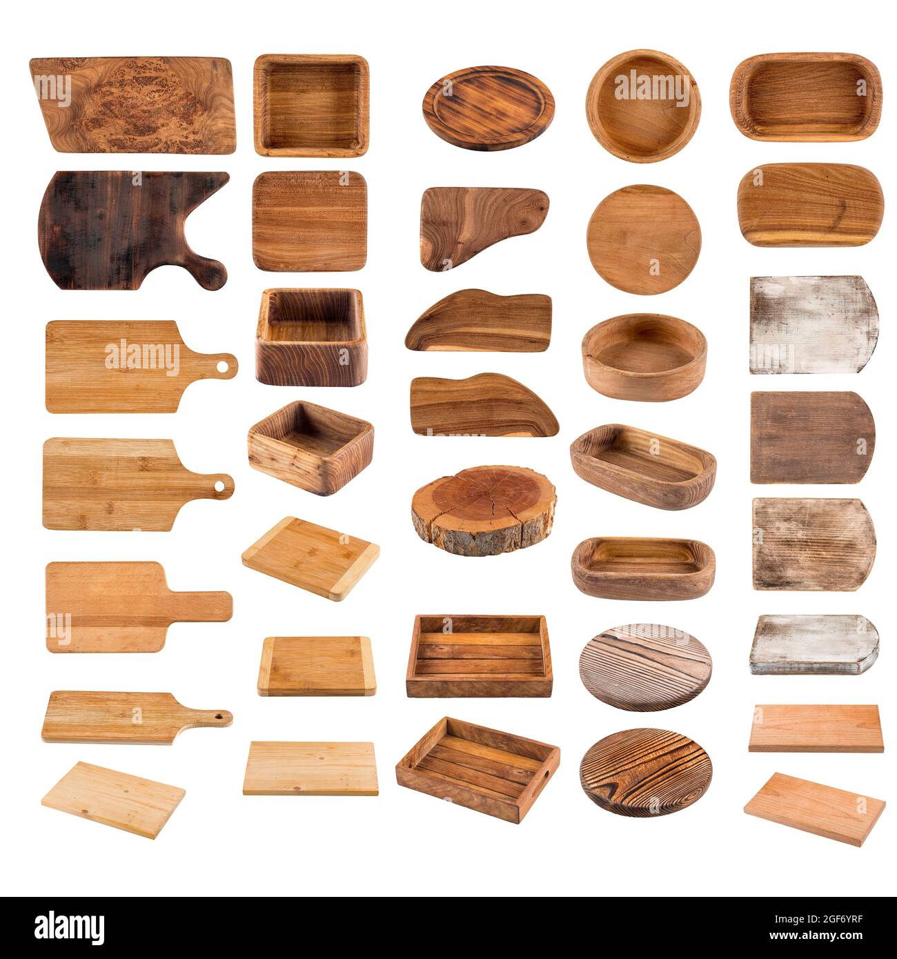 Isolated wooden cookware boards collection collage Stock Photo