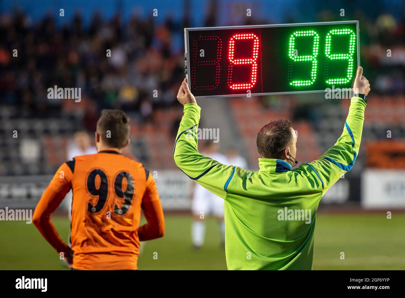 Referee shows players substitution Stock Photo Alamy