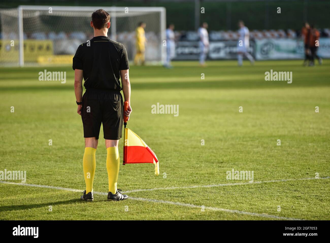 Sideline referee staying by touchline during football match Stock