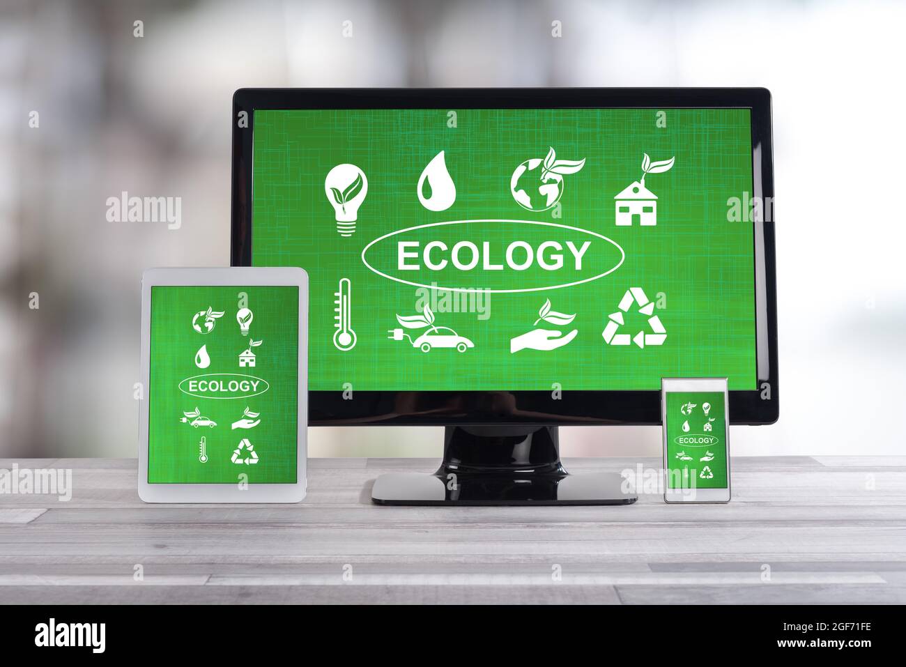 Ecology concept shown on different information technology devices Stock Photo