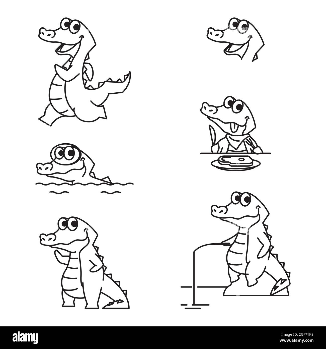 Crocodile Alligator Funny Cute Character Cartoon Mascot Vector Line Stock Vector