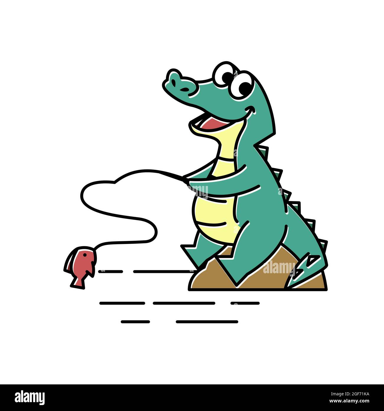 Crocodile Alligator Fishing Fish Funny Cute Character Cartoon Mascot Stock Vector