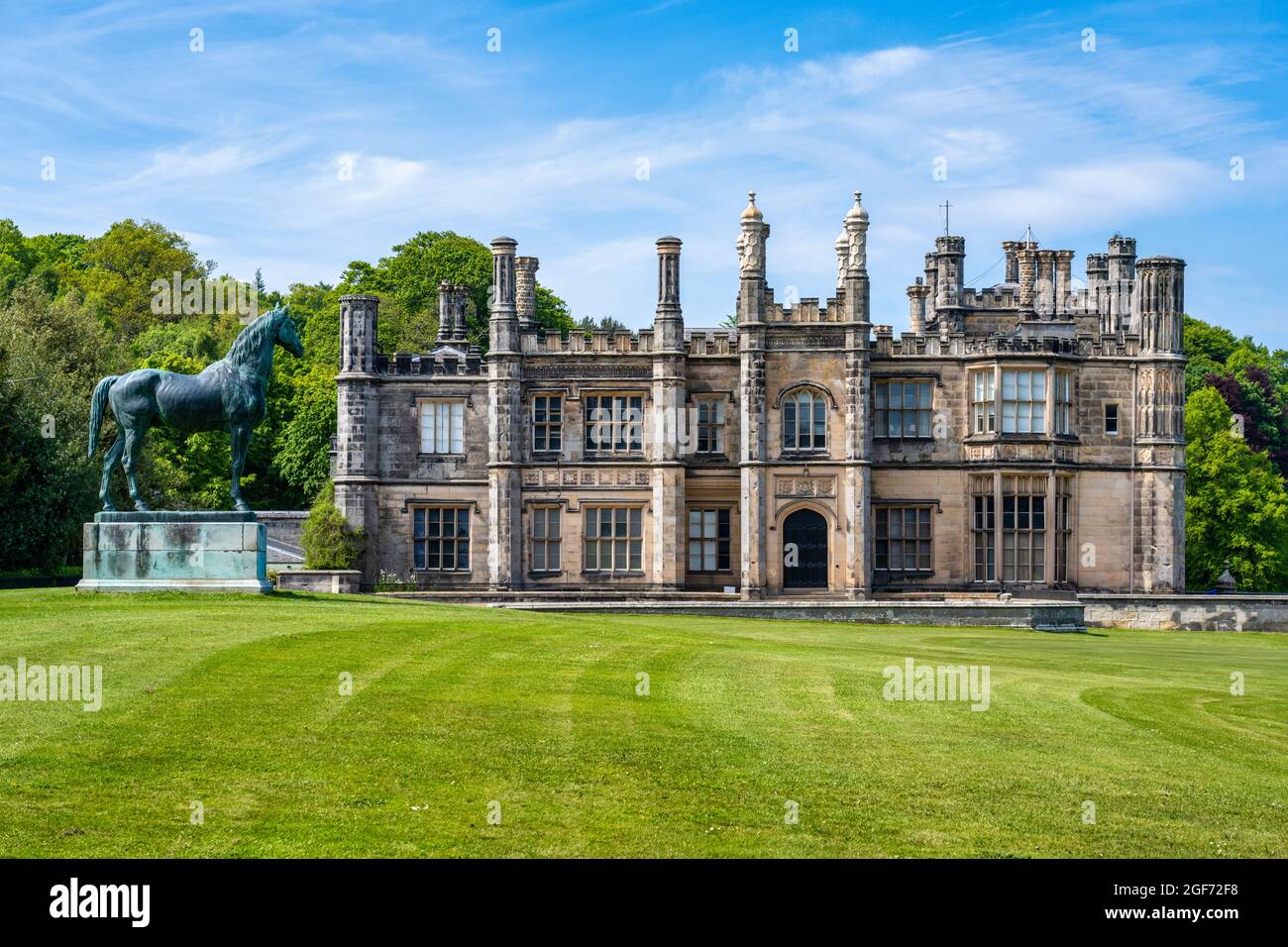 Equestrian statue and façade of Dalmeny House near South Queensferry in Scotland, UK Stock Photo