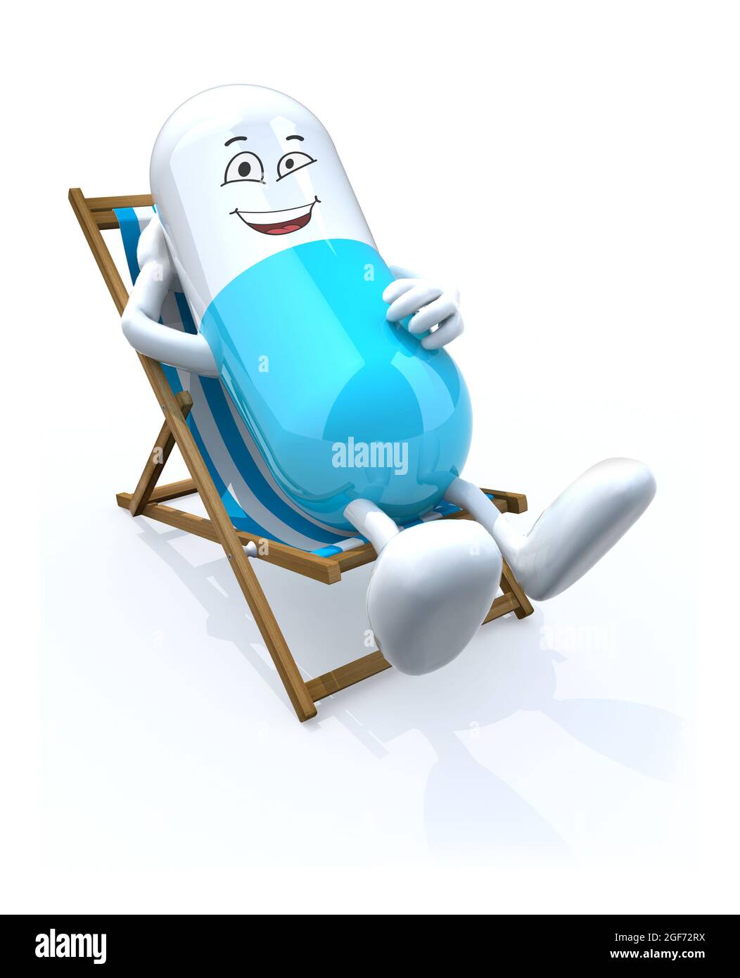 Cute healthy happy pill sleeping and relaxing on a beach chair, 3d illustration Stock Photo