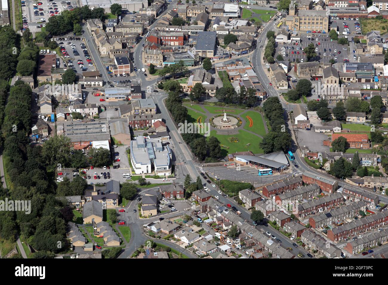 aerial view of Cleckheaton town centre with the Bus Station & King Edward VII Memorial Park prominent, Cleckheaton, West Yorkshire Stock Photo