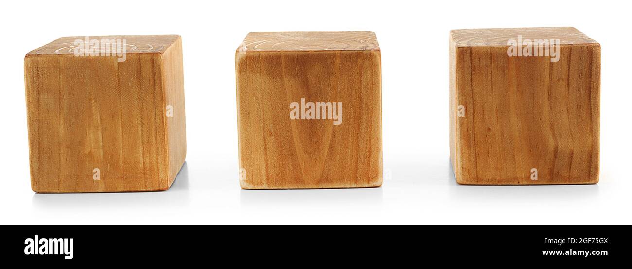 Three blank wooden cubes isolated on white Stock Photo Alamy