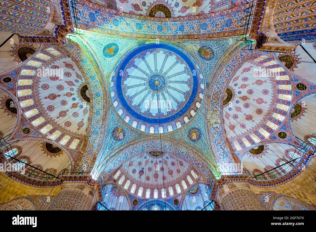 Column Mosque Blue Looking up at the blue tiled columns and dome. Inside the Sultan Ahmed ...