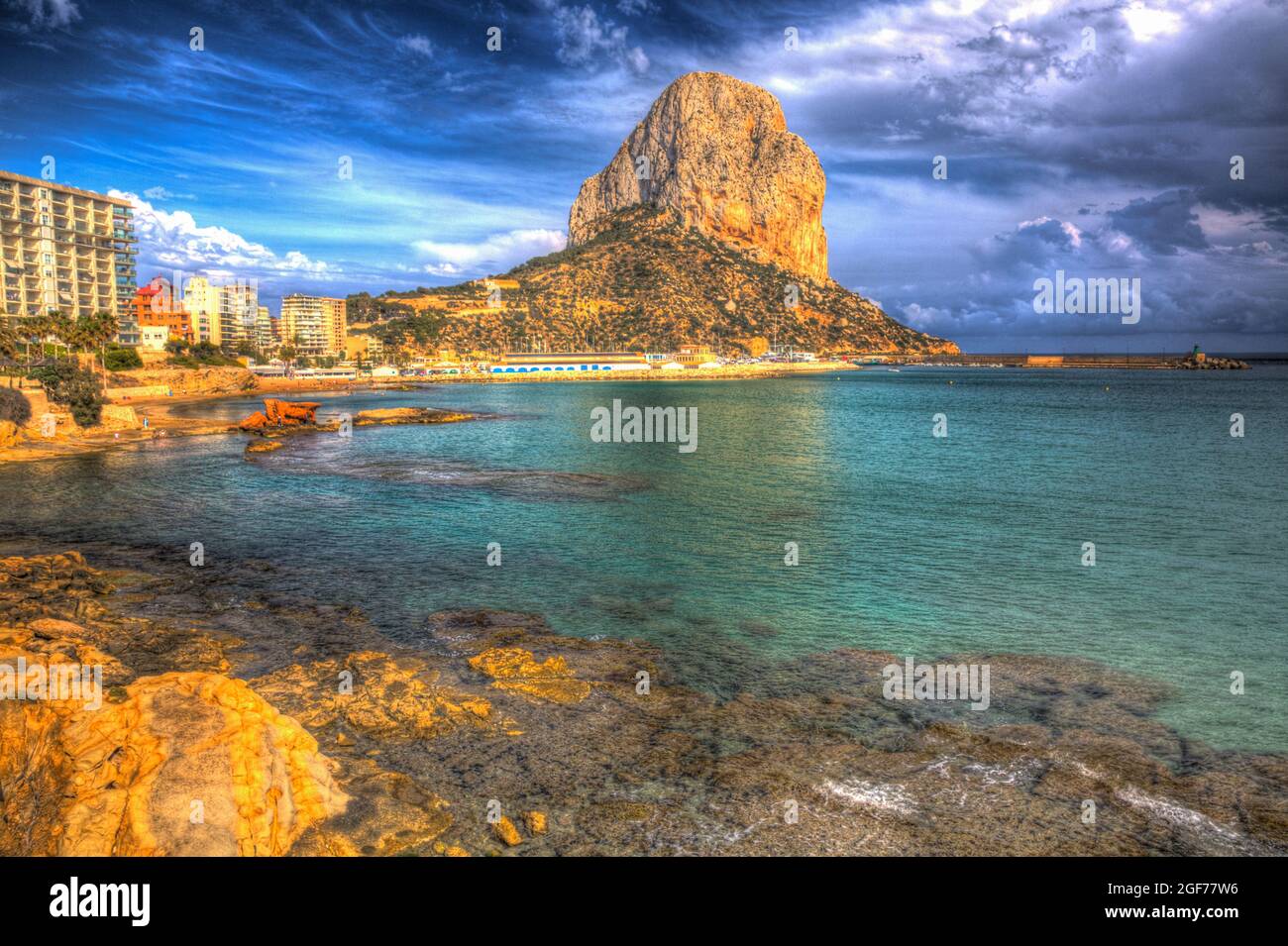 Spanish landmark tourist attraction Calp Spain Penyal d'Ifac rock on Costa Blanca Stock Photo
