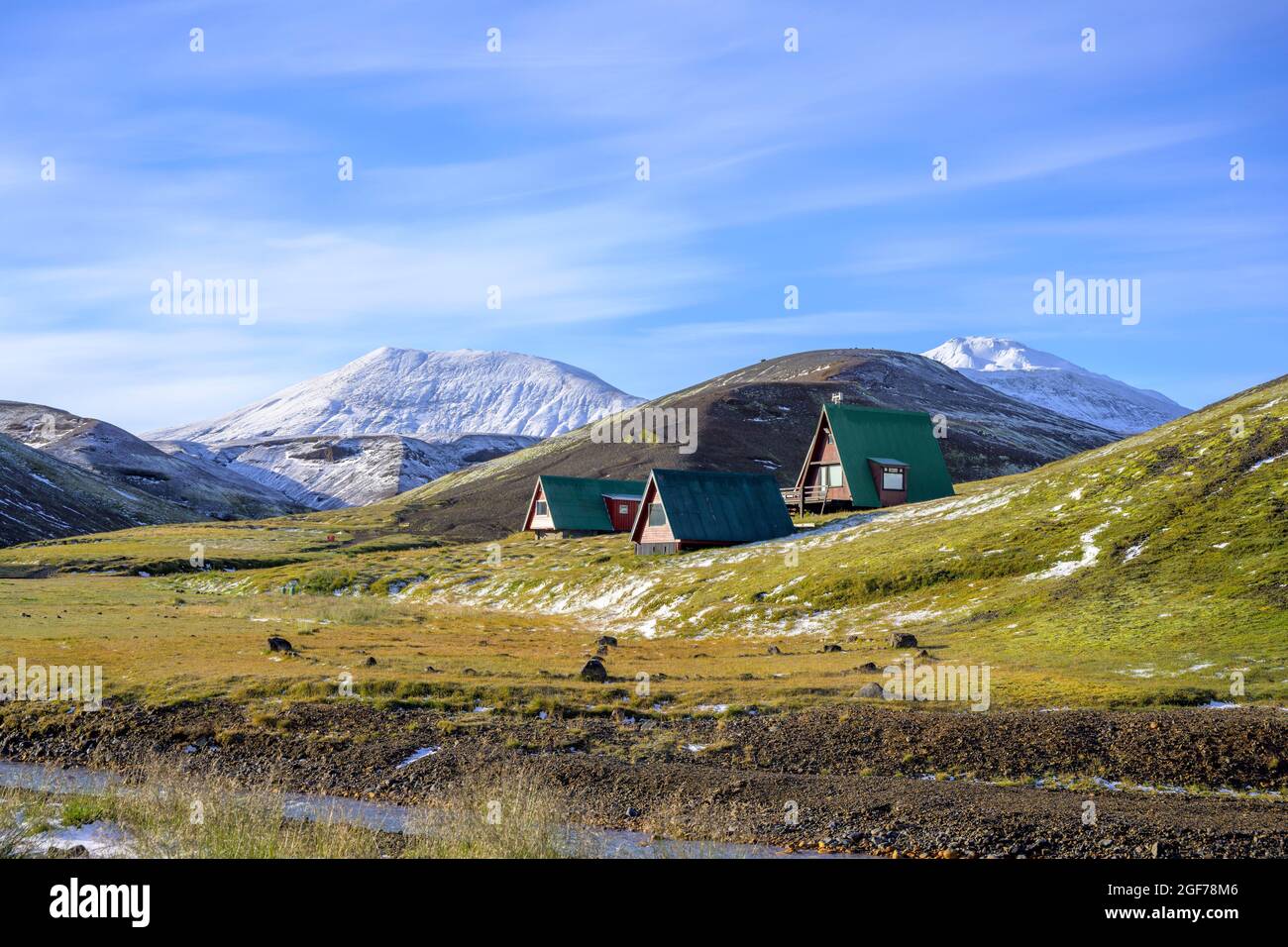 Small triangular wooden huts, Kerlingarfjoell, Suourland, Iceland Stock Photo