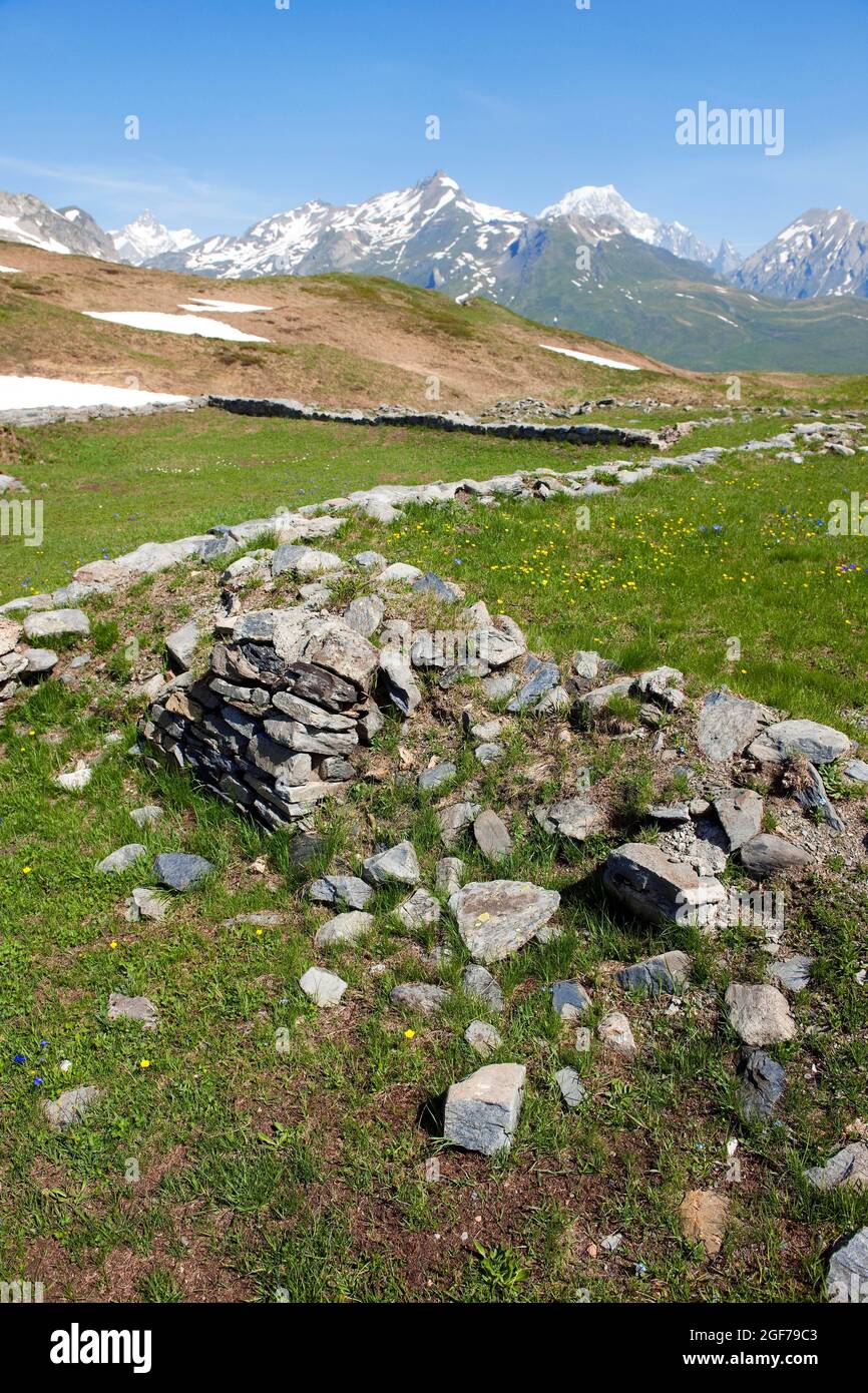 Archaeological soil find, Roman foundation walls, Little Saint Bernard Pass, La Thuile, Aosta Valley, Italy, Haute-Tarantaise, Tarentaise, Isere Stock Photo