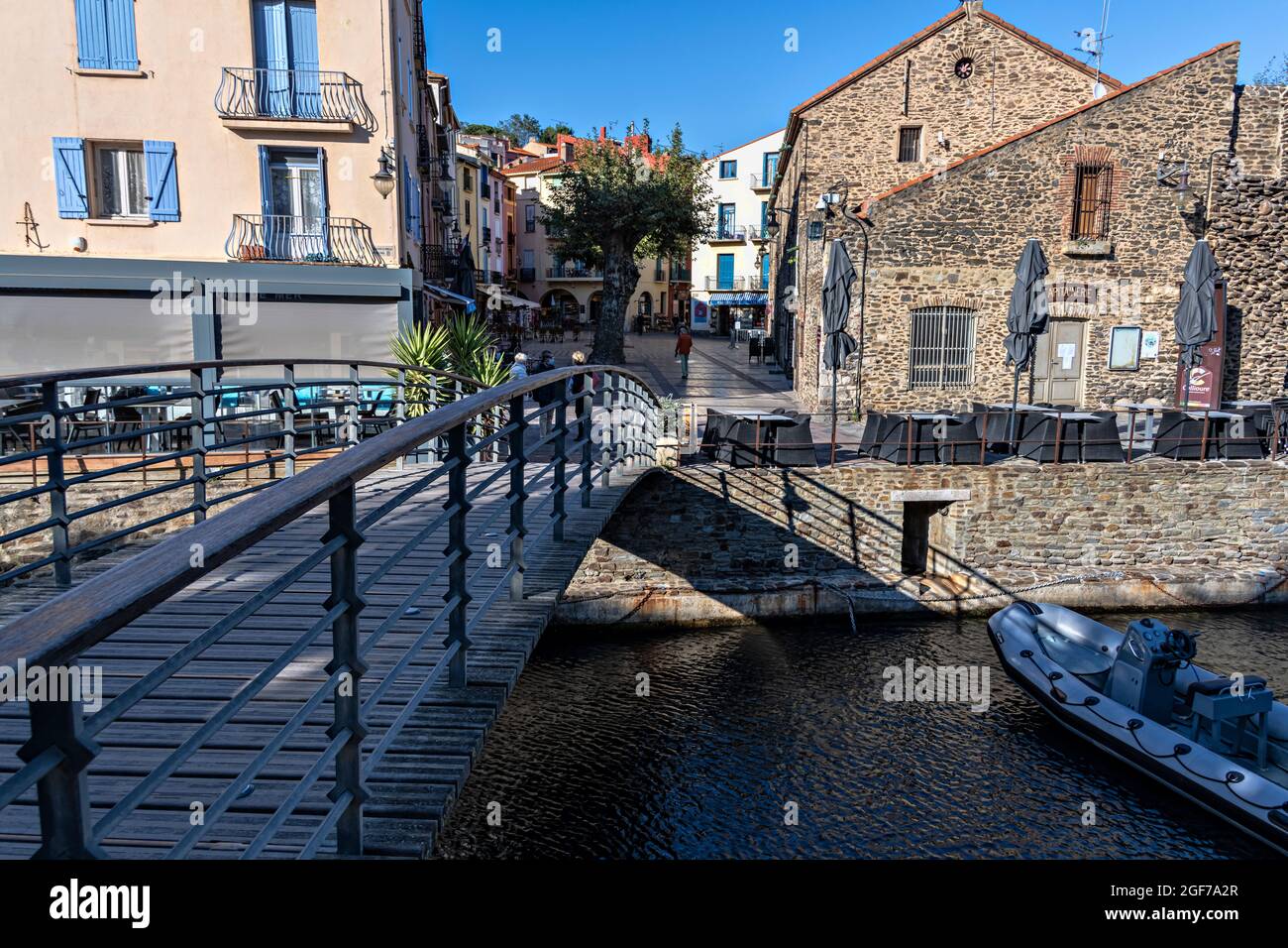 Streets in old town, Collioure, Pyrenees-Orientales, Languedoc-Roussillon, France. Stock Photo