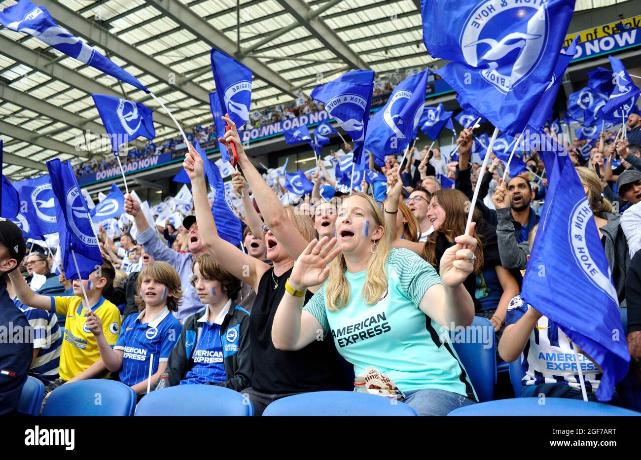 Fans enjoy being back at the Amex Stadium during the Premier League match between Brighton and Hove Albion and Watford at the American Express Stadium  , Brighton , UK - 21st August 2021 - Credit Simon Dack  Editorial use only. No merchandising. For Football images FA and Premier League restrictions apply inc. no internet/mobile usage without FAPL license - for details contact Football Dataco Stock Photo