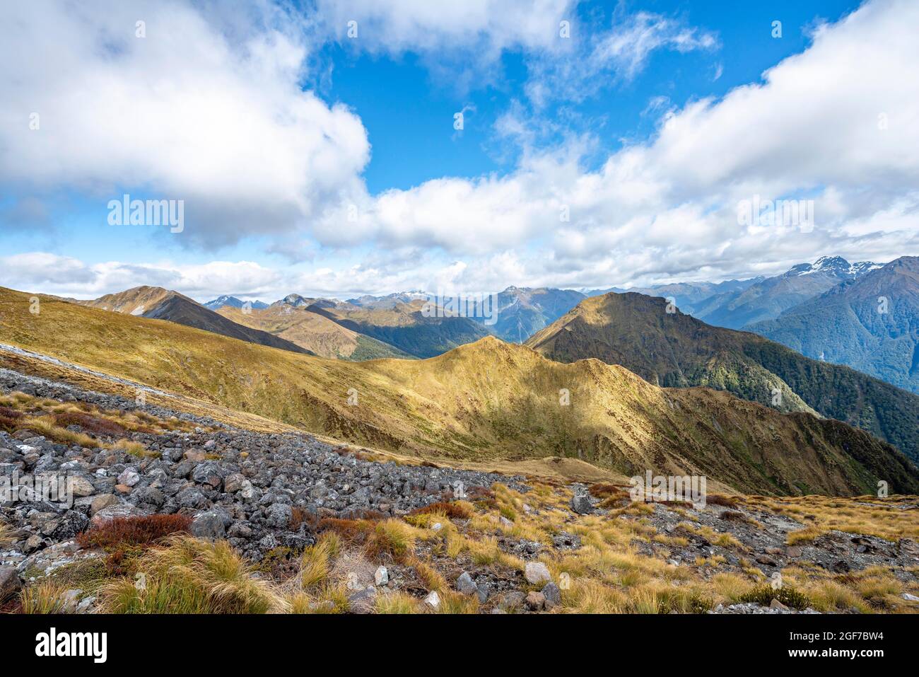 View of mountain peaks of the Murchison Mountains and Kepler Mountains, Kepler Track, Great Walk, Fiordland National Park, Southland, New Zealand Stock Photo
