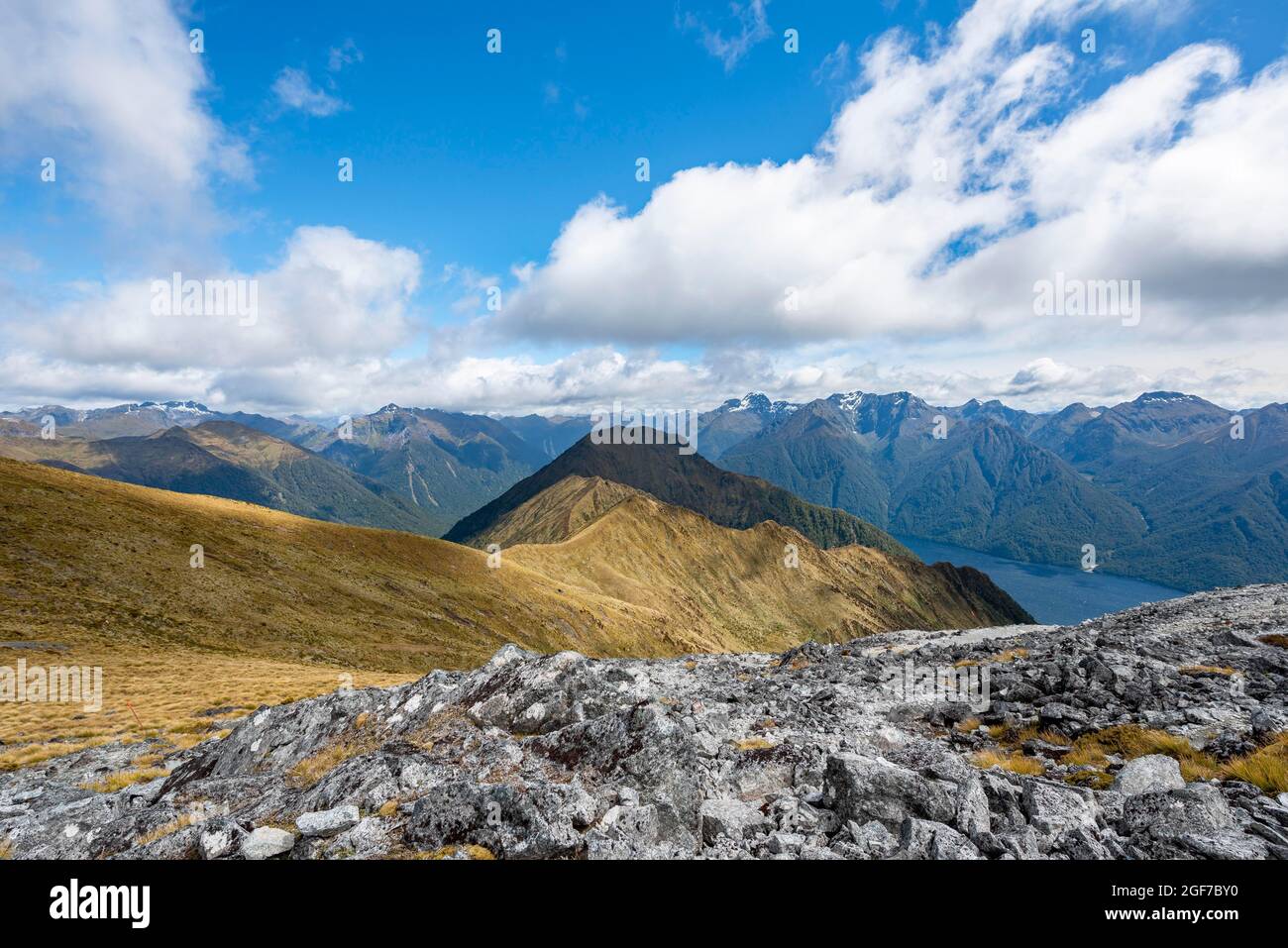View of mountain peaks of Murchison Mountains and Kepler Mountains and Lake Te Anau, Kepler Track, Great Walk, Fiordland National Park, Southland Stock Photo