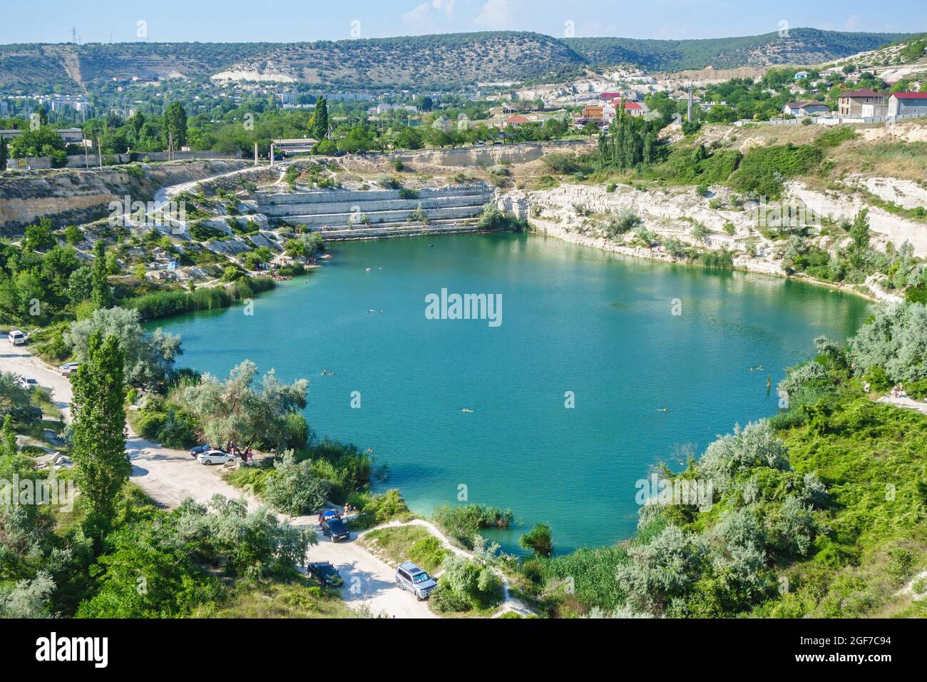 Inkerman quarry or Inkerman lake as it looks from above. It's one on oldest open pit mines as it was used for stone quarrying since II BC. Now it's us Stock Photo