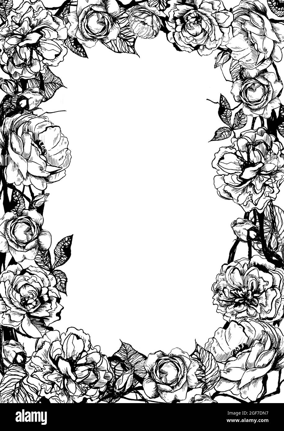 Hand drawn floral vertical square frame with graphic roses flowers