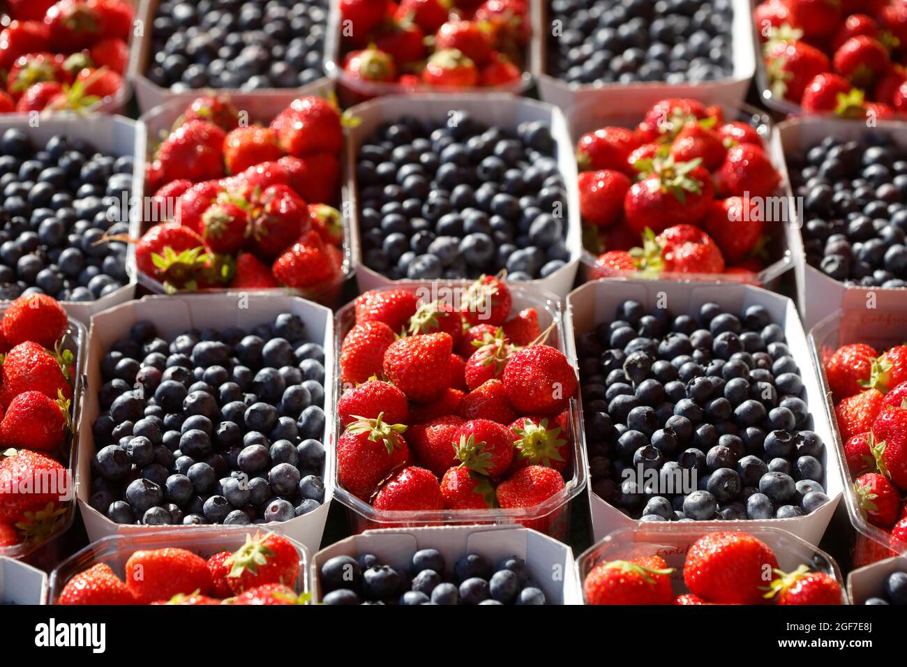 Fresh strawberries and blueberries in trays on a market stall, Bremen