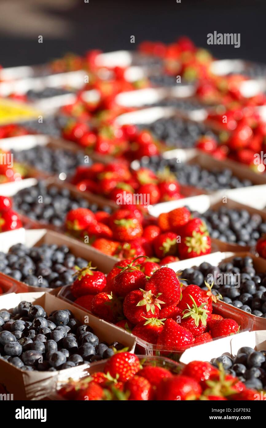 Fresh strawberries and blueberries in trays on a market stall, Bremen