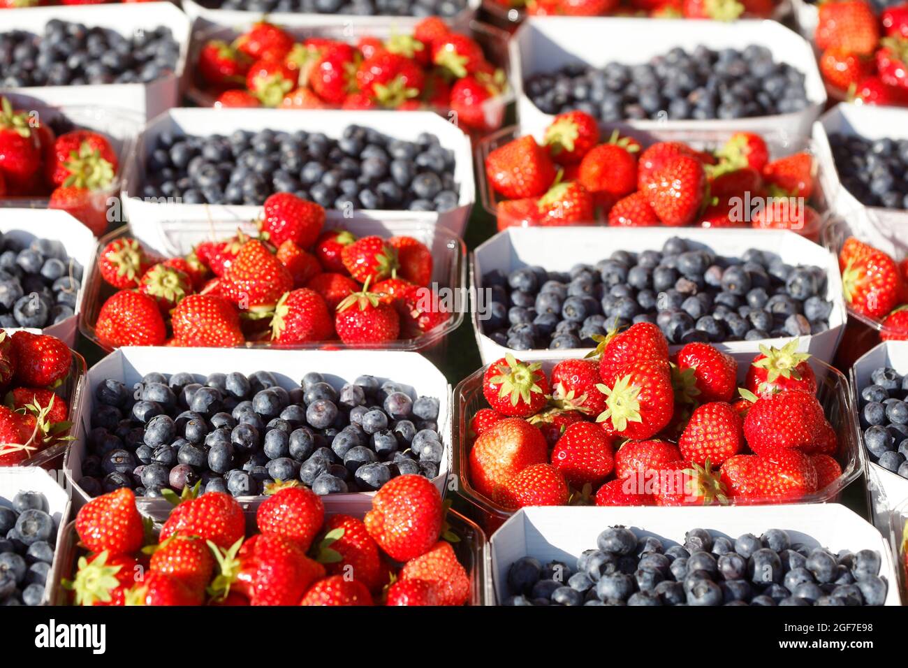 Fresh strawberries and blueberries in trays on a market stall, Bremen