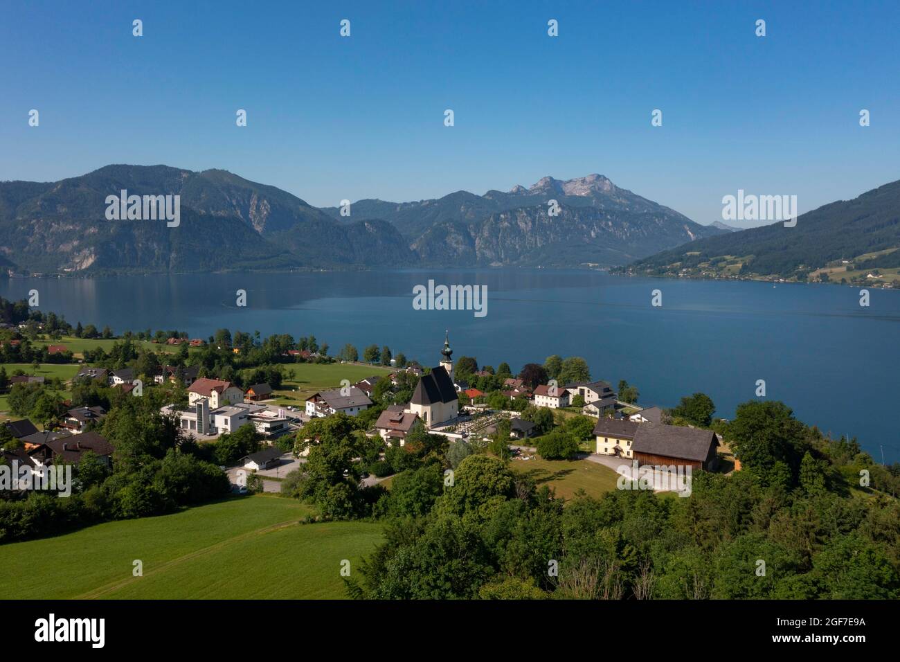 Drone shot, Steinbach am Attersee with Schafberg, Salzkammergut, Upper Austria, Austria Stock Photo