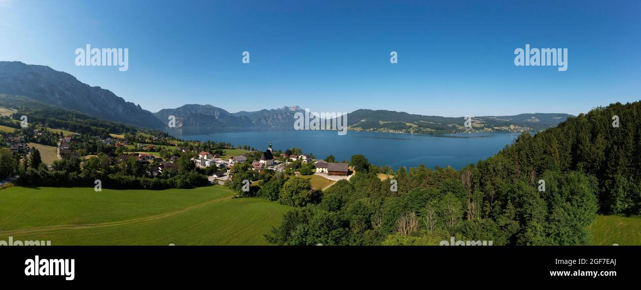 Drone shot, Steinbach am Attersee with Schafberg, Salzkammergut, Upper Austria, Austria Stock Photo