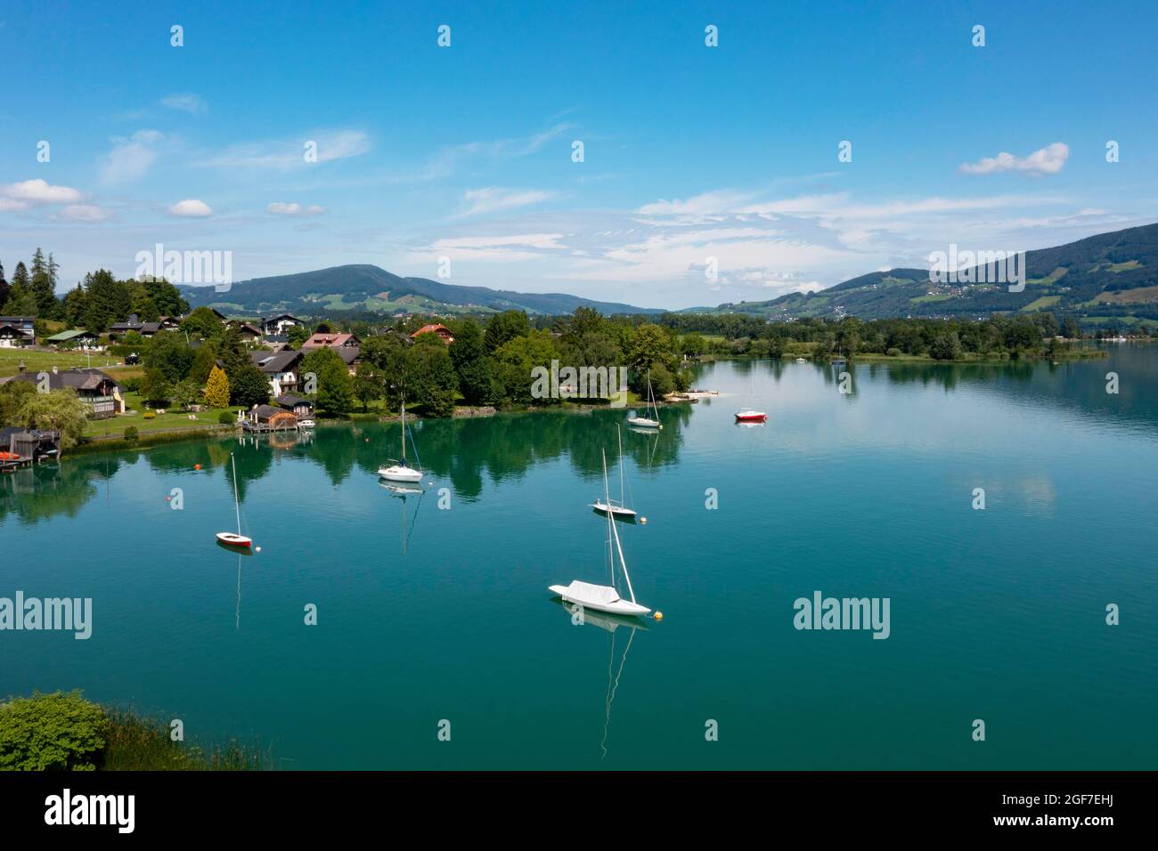 Drone shot, Plomberg am Mondsee, Mondseeland, Salzkammergut, Upper Austria, Austria Stock Photo