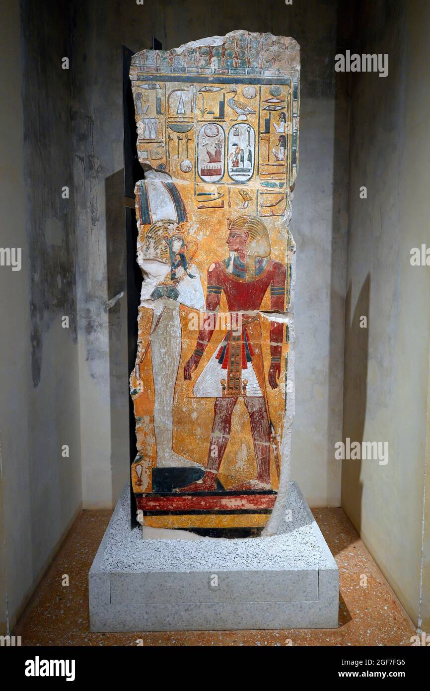 Pillar fragment of King Sethos I in front of the god Osiris ca. 1290 BC, Egyptian Museum, Neues Museum, Museum Island, Berlin, Germany Stock Photo