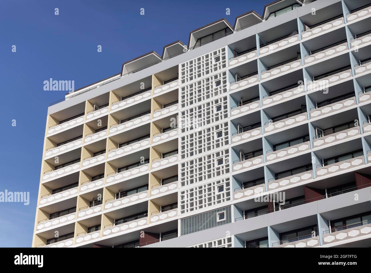 High-rise building with holiday flats, building complex from the 1960s, prefabricated building aesthetics, New Spa Centre, Westerland, Sylt, North Stock Photo