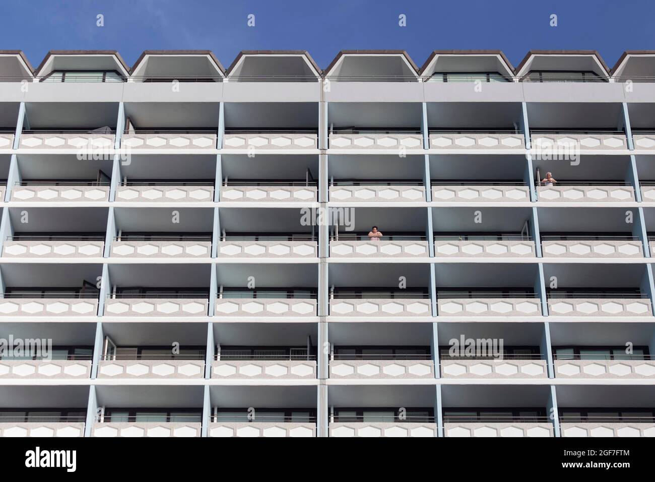 High-rise building with holiday flats, building complex from the 1960s, prefabricated building aesthetics, New Spa Centre, Westerland, Sylt, North Stock Photo