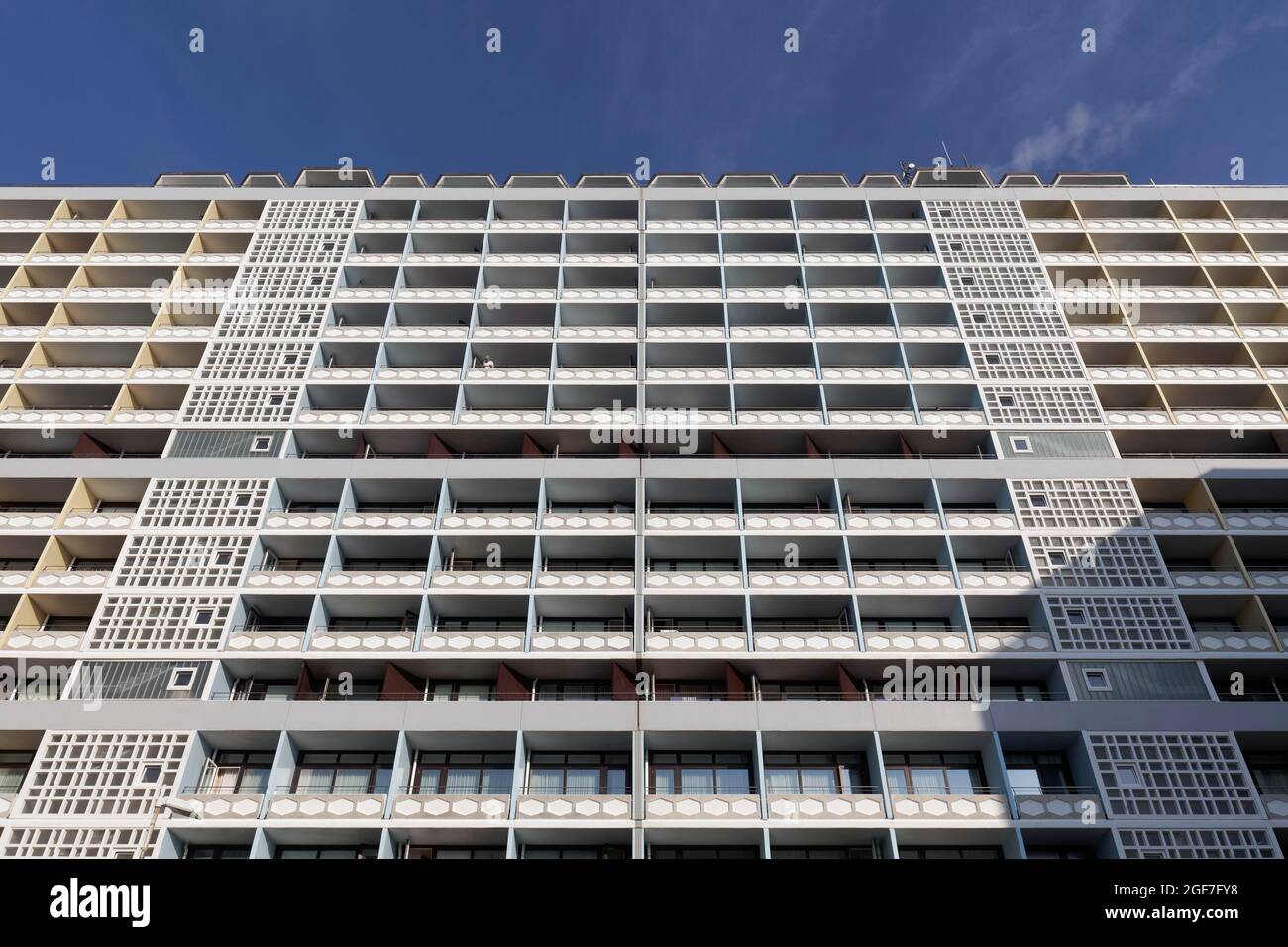 High-rise building with holiday flats, building complex from the 1960s, prefabricated building aesthetics, New Spa Centre, Westerland, Sylt, North Stock Photo