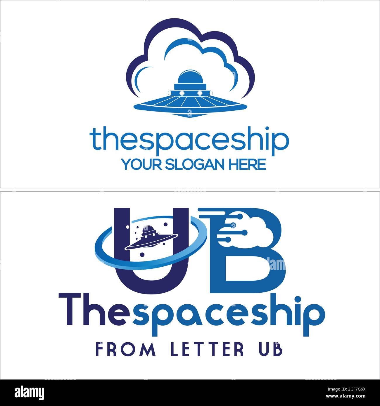 Blue symbol logo with spacecraft cloud line tech vector design Stock Vector