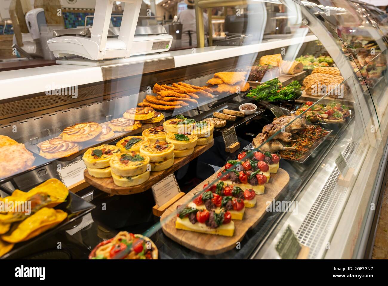 Food in a display, counter in luxury department stores, Harrods, London, England, Great Britain Stock Photo