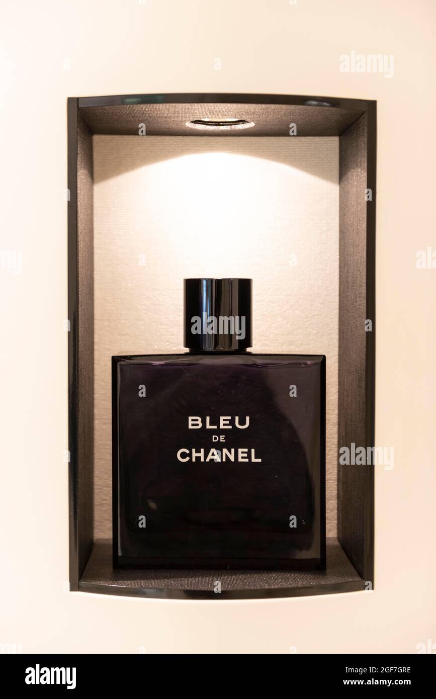 Bleu de Chanel perfume bottle, luxury department stores, Harrods, London, England, Great Britain Stock Photo