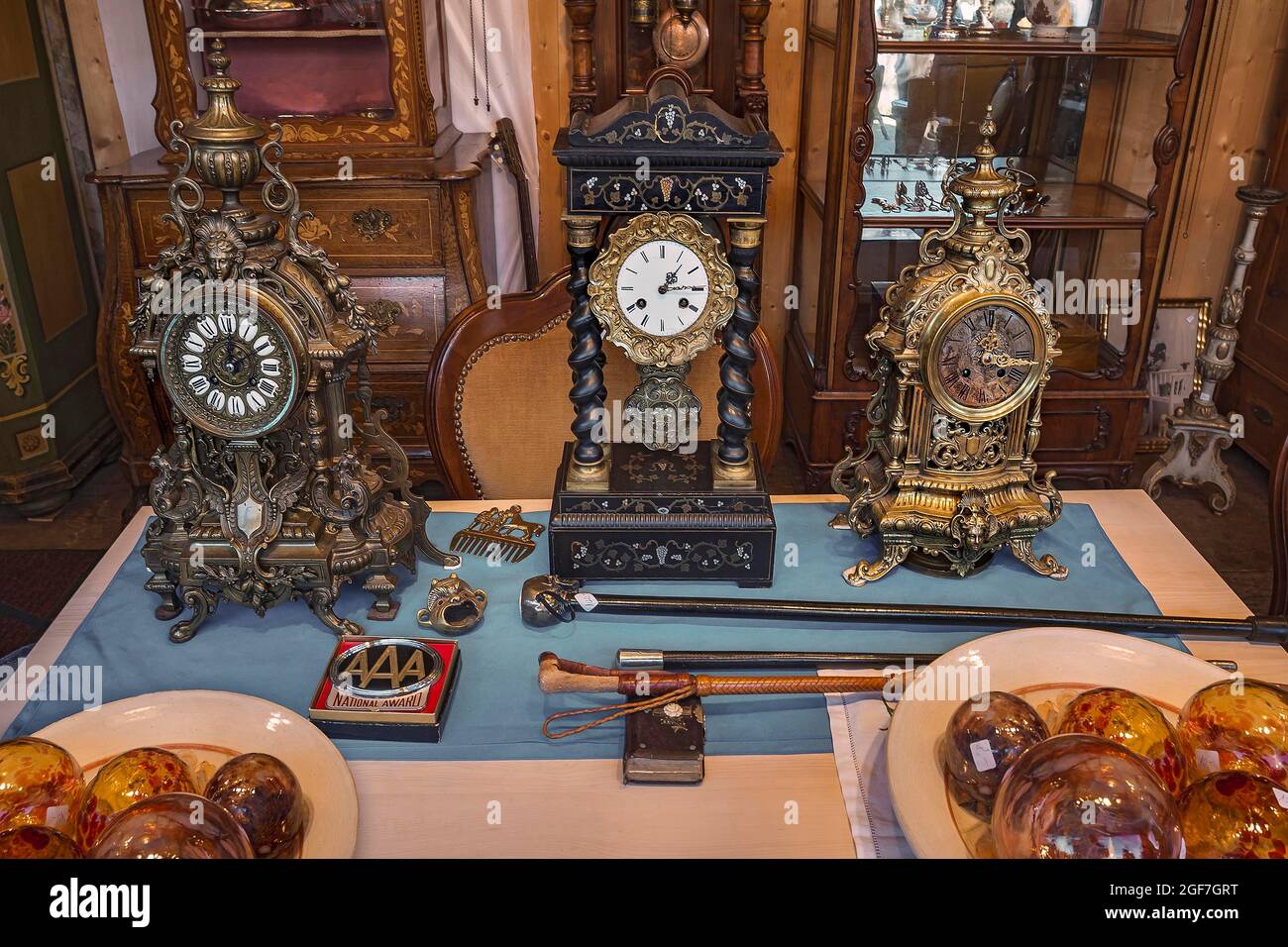 Anike grandfather clocks, Auer Dult, Munich, Bavaria, Germany Stock Photo