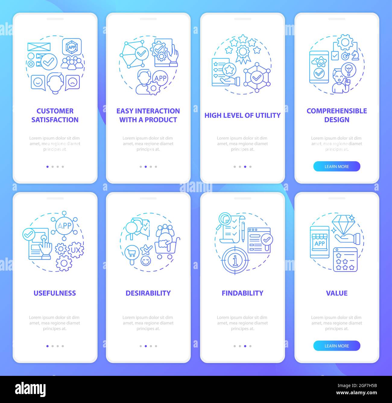 Developing product onboarding mobile app page screens set Stock Vector