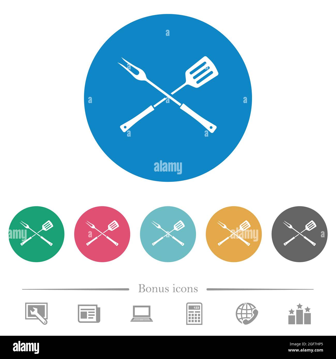 Barbecue fork and spatula in crossed position flat white icons on round ...