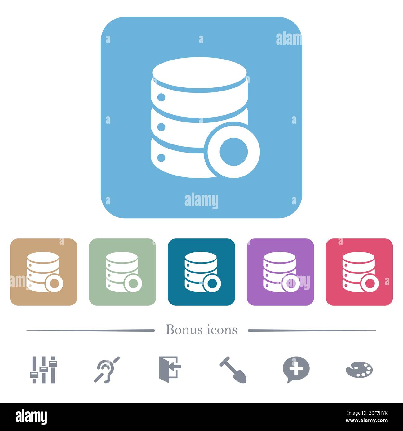 Database macro record white flat icons on color rounded square backgrounds. 6 bonus icons included Stock Vector