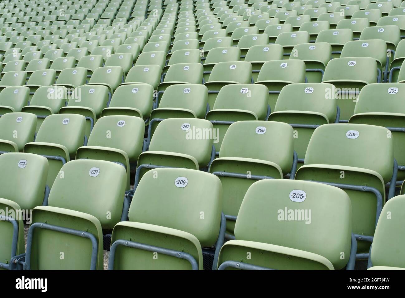 Green folding seats on the grandstand of the Seebuehne, Bregenz, Vorarlberg, Austria Stock Photo